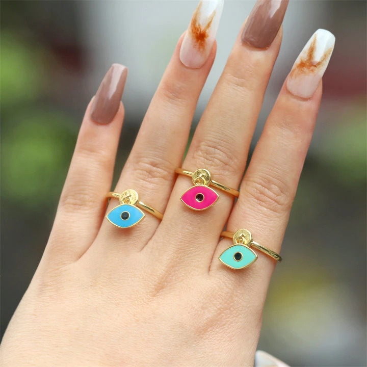 Girls Style Creative Multi Colors Evil Eyes Ring Woman&prime; S Copper Gold Plated Exquisite Adjustable Candy Colors Rings Customized Hand Ornament Enamel Ring