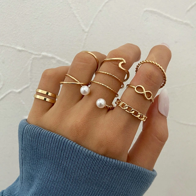 Girls Rings Set Pearl Opening Geometric Finger Ring