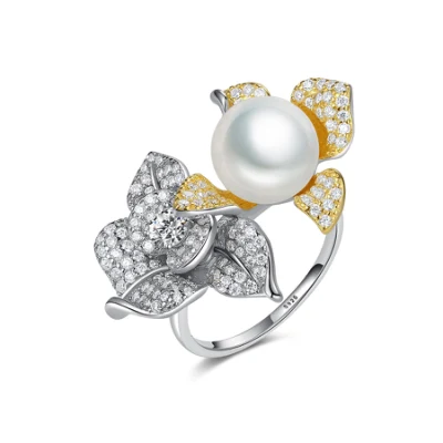 Zircon Jewelry Luxurious Unique Twin-Flowers Rings with Pearl