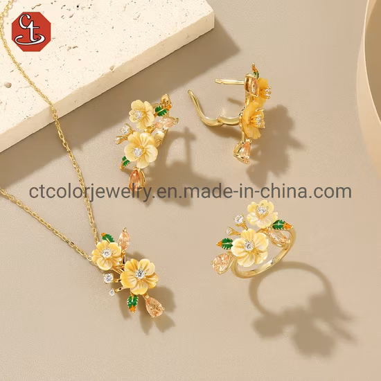 Fashion beautiful shell flower jewelry elegant gold flower zirconia ring for accessories